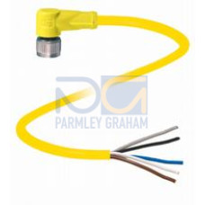 Female cordset single-ended M12 yellow angled A-coded, 5-pin, PUR cable weld spatter resistant yellow, UL approved, drag chain suitable, torsion resistant, Length: 5 m