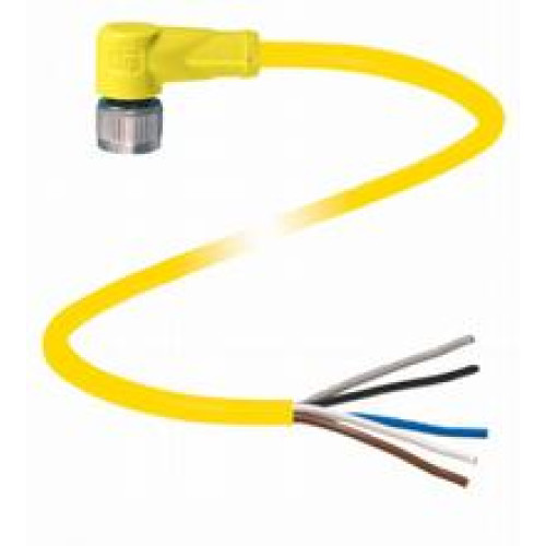 Female cordset single-ended M12 yellow angled A-coded, 5-pin, PUR cable weld spatter resistant yellow, UL approved, drag chain suitable, torsion resistant, Length: 5 m