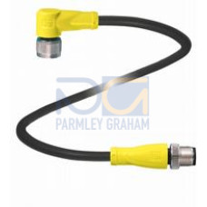 Cordset M12 socket yellow angled to M12 plug yellow straight A-coded, 4-pin, PUR cable weld spatter resistant black, UL approved, drag chain suitable, torsion resistant, Length: 1 m