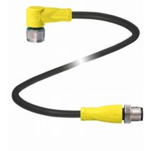 Cordset M12 socket yellow angled to M12 plug yellow straight A-coded, 4-pin, PUR cable weld spatter resistant black, UL approved, drag chain suitable, torsion resistant, Length: 1 m