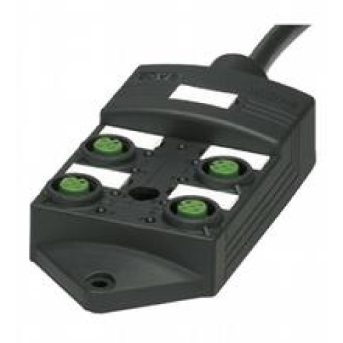 Quadruple splitter box with M12 connector with basic cable, Number of pins: 4, Length: 5 m, Cores: Signal line (4): 4 x 0.34&nbsp;mm2 (AWG 22) Supply line (1, 3), PE (5): 3 x 0.75&nbsp;mm2 (AWG 18)