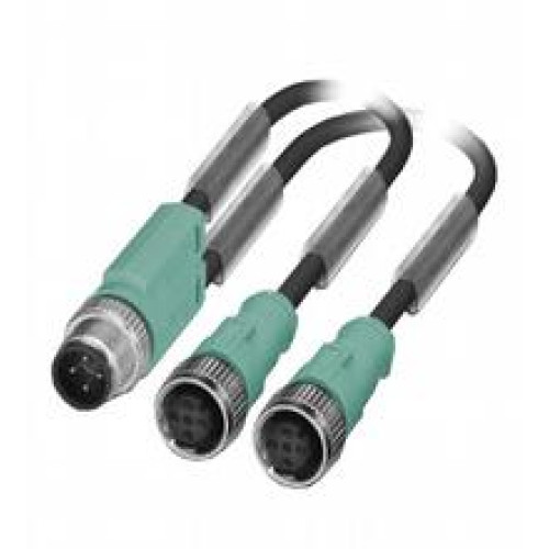 Y connection cable M12 plug straight A-coded to 2x M12 socket straight A-coded, 4-pin, 2x PUR cable grey, Length: L1 = 5 m L2 = 5 m