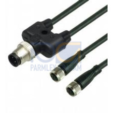 Y connection cable M12 plug straight A-coded 4-pin to 2x M8 socket straight A-coded 3-pin, 2x PUR cable black, UL approved, drag chain suitable, torsion resistant, Length: 1 m