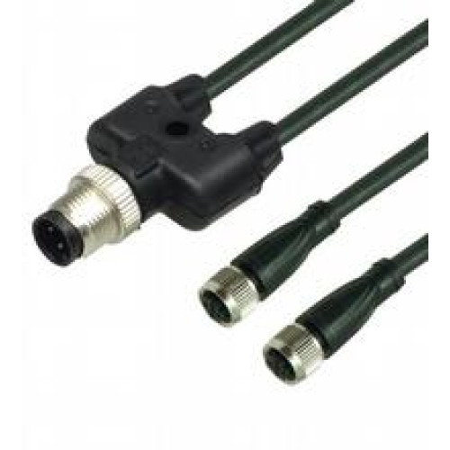 Y connection cable M12 plug straight A-coded 4-pin to 2x M8 socket straight A-coded 3-pin, 2x PUR cable black, UL approved, drag chain suitable, torsion resistant, Length: 2 m