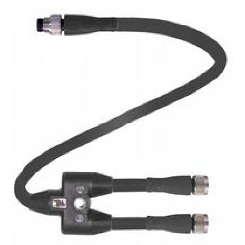 Y connection cable M8 plug straight A-coded 4-pin to 2x M8 socket straight A-coded 4-pin, 3x PUR cable black, UL approved, drag chain suitable, torsion resistant, Length: L1 = 110 mm L2 = 110 mm L3..