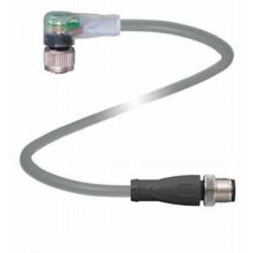 Cordset M12 socket angled A-coded LED 5-pin to M12 plug straight A-coded 5-pin, PUR cable grey, Length: 2 m