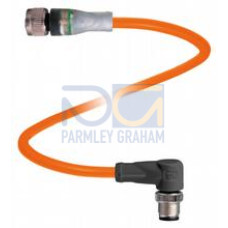 Cordset M12 socket straight A-coded LED 3-pin to M12 plug angled A-coded 3-pin, POC cable welding-bead resistant orange, suitable for robotic applications, torsion resistant, oil resistant, molecul..