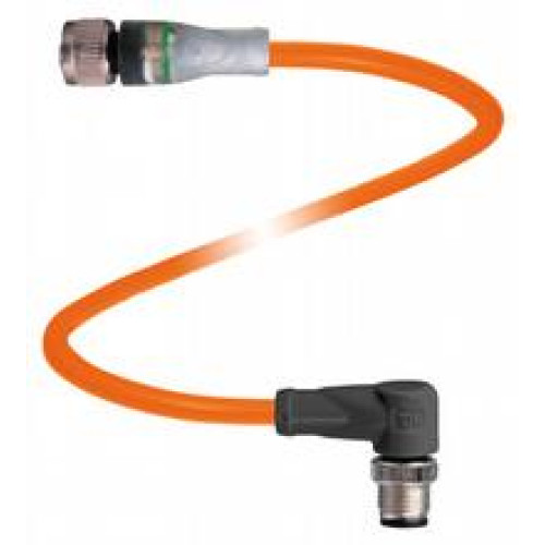 Cordset M12 socket straight A-coded LED 3-pin to M12 plug angled A-coded 3-pin, POC cable welding-bead resistant orange, suitable for robotic applications, torsion resistant, oil resistant, molecul..