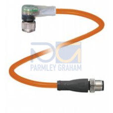 Cordset M12 socket angled A-coded LED 3-pin to M12 plug straight A-coded 3-pin, POC cable welding-bead resistant orange, suitable for robotic applications, torsion resistant, oil resistant, molecul..