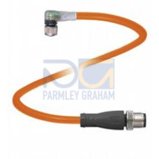 Cordset M8 socket angled A-coded LED 3-pin to M12 plug straight A-coded 3-pin, POC cable welding-bead resistant orange, suitable for robotic applications, torsion resistant, oil resistant, molecurl..