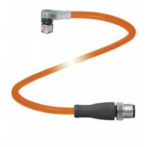 Cordset M8 socket angled A-coded LED 3-pin to M12 plug straight A-coded 3-pin, POC cable welding-bead resistant orange, suitable for robotic applications, torsion resistant, oil resistant, molecurl..