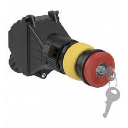 Panel mount control unit equipped with:; 1x Key-release mushroom button 39mm, red (JR); with panel mount contact block 2x NC (PMP.C.02); 1x M20 cable gland black, polyamide; Finish: inherent colour..