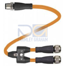 Y connection cable M12 plug straight A-coded 4-pin to 2x M12 socket straight A-coded 4-pin, 3x POC cable welding-bead resistant orange, suitable for robotic applications, torsion resistant, oil res..