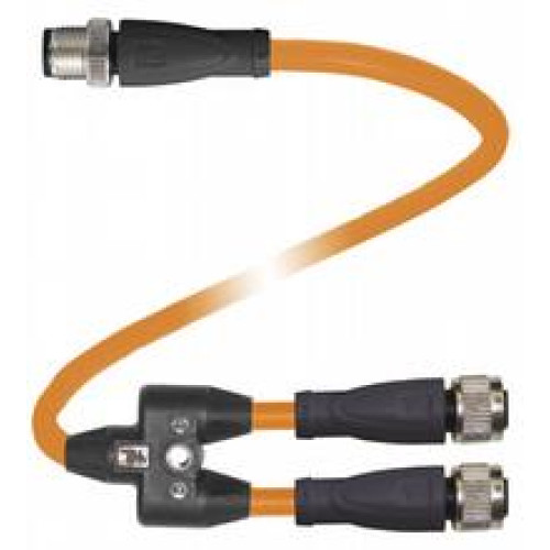 Y connection cable M12 plug straight A-coded 4-pin to 2x M12 socket straight A-coded 4-pin, 3x POC cable welding-bead resistant orange, suitable for robotic applications, torsion resistant, oil res..