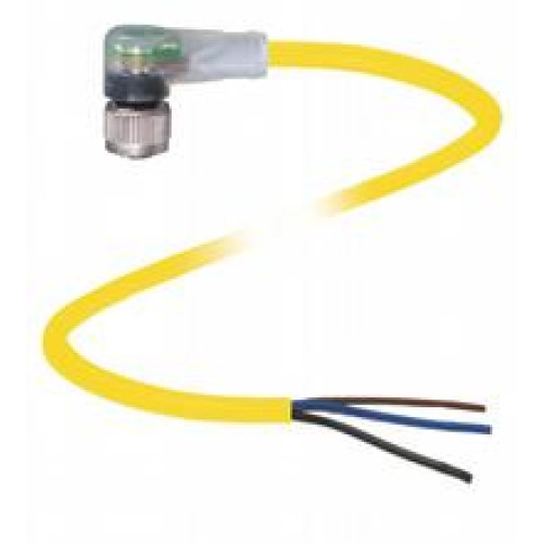 Female cordset single-ended M12 angled A-coded, LED 3-pin, PVC cable yellow, UL approved, Length: 5 m