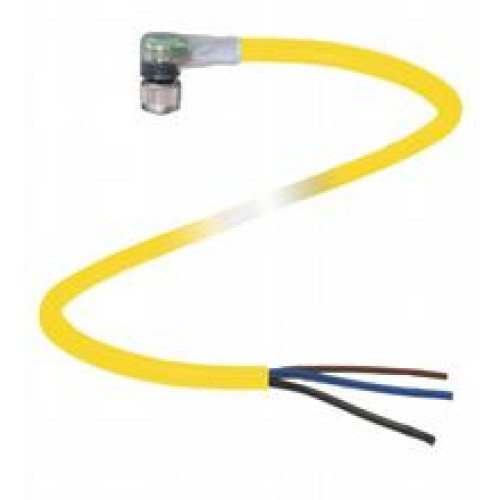 Female cordset single-ended M8 angled A-coded, LED 3-pin, PVC cable yellow, UL approved, Length: 5 m