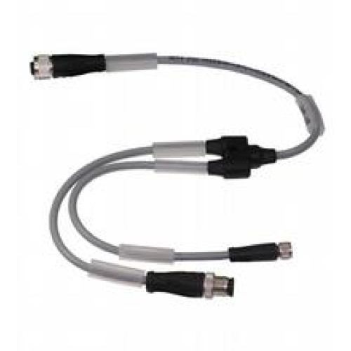 Y connection cable M12 socket straight A-coded 5-pin to M12 plug / M12 socket straight A-coded 5-pin, 3x PUR cable black, UL approved, drag chain suitable, torsion resistant, Length: L1 = 0.2 m L2 ..