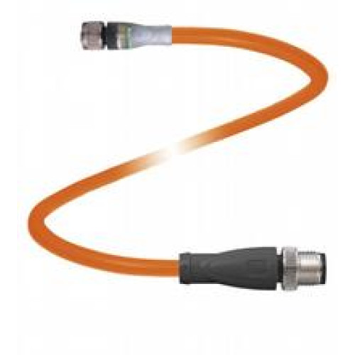 Cordset M8 socket angled A-coded LED 3-pin to M12 plug straight A-coded 3-pin, POC cable welding-bead resistant orange, suitable for robotic applications, torsion resistant, oil resistant, molecurl..