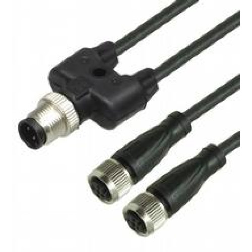 Y connection cable M12 plug straight A-coded 4-pin to 2x M12 socket straight A-coded 4-pin, 2x PUR cable weld spatter resistant black, UL approved, drag chain suitable, torsion resistant, Length: L..