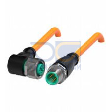 Cordset M12 socket angled to M12 plug straight A-coded, 4-pin, PUR cable welding-bead resistant orange, UL approved, drag chain suitable, torsion resistant