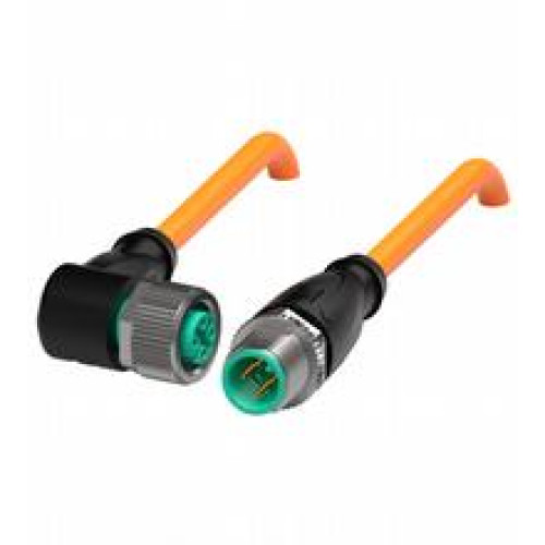 Cordset M12 socket angled to M12 plug straight A-coded, 4-pin, PUR cable welding-bead resistant orange, UL approved, drag chain suitable, torsion resistant