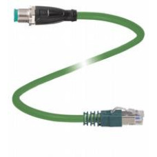 Ethernet bus cable M12 plug straight D-coded to RJ45 Ethernet-coded, 4-pin, PUR cable green, Cat5e, shielded, drag chain suitable, Length: 10 m