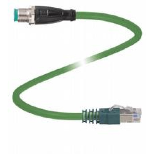 Ethernet bus cable M12 plug straight D-coded to RJ45 Ethernet-coded, 4-pin, PUR cable green, Cat5e, shielded, drag chain suitable, Length: 100 m