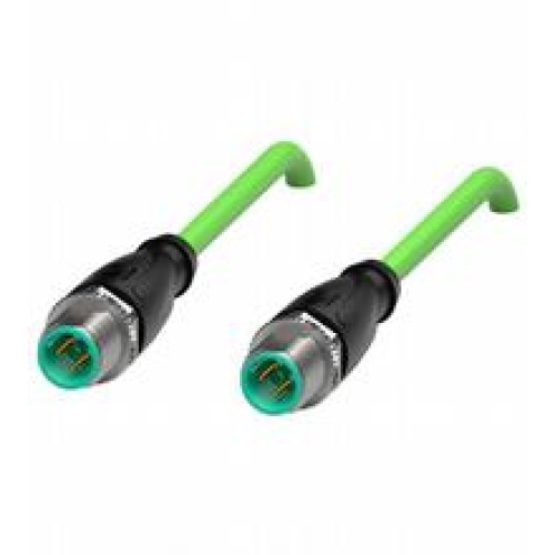 Ethernet bus cable M12 plug straight to M12 plug straight D-coded, 4-pin, PUR cable green, Cat5e, shielded, UL approved, Length: 1 m