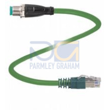 Ethernet bus cable M12 plug straight D-coded to RJ45 Ethernet-coded, 4-pin, PUR cable green, Cat5e, shielded, drag chain suitable, Length: 3 m