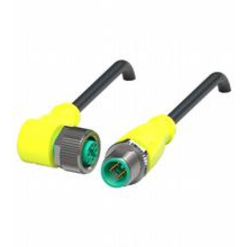 Cordset M12 socket yellow angled to M12 plug yellow straight A-coded, 4-pin, PUR cable weld spatter resistant black, UL approved, drag chain suitable, torsion resistant, Length: 8 m