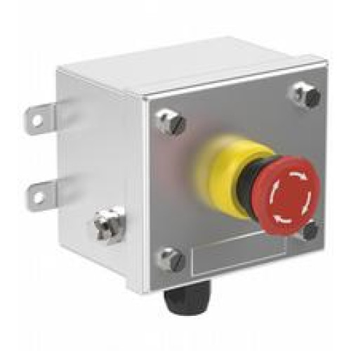 Product: LRS emergency stop unit; Enclosure material: AISI 316L stainless steel; Enclosure size (HxWxD): 96 x 110 x 86 mm; Finish: mechanically brushed; Enclosure cover: fixed by screws, fully deta..
