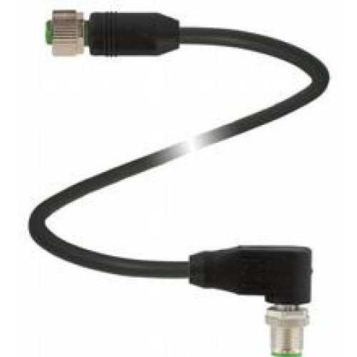 Cordset M12 socket straight to M12 plug angled A-coded, 12-pin, PUR cable black, shielded, drag chain suitable