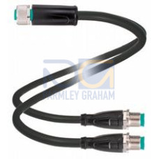 Y connection cable M12 socket straight A-coded 5-pin to M12 plug straight A-coded 3-pin / M12 plug straight A-coded 5-pin, 2x PUR cable black, drag chain suitable, torsion resistant