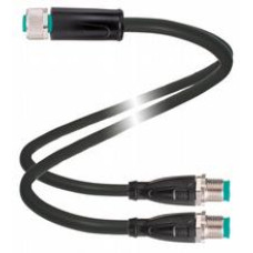 Y connection cable M12 socket straight A-coded 5-pin to M12 plug straight A-coded 3-pin / M12 plug straight A-coded 5-pin, 2x PUR cable black, drag chain suitable, torsion resistant