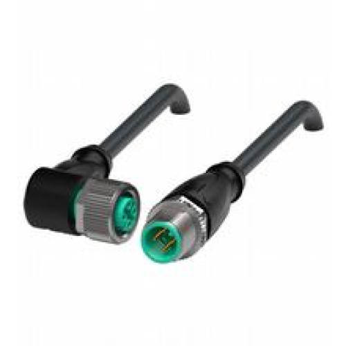 Cordset M12 socket angled to M12 plug straight A-coded, 4-pin, PUR cable black, shielded, UL-approved, drag chain suitable