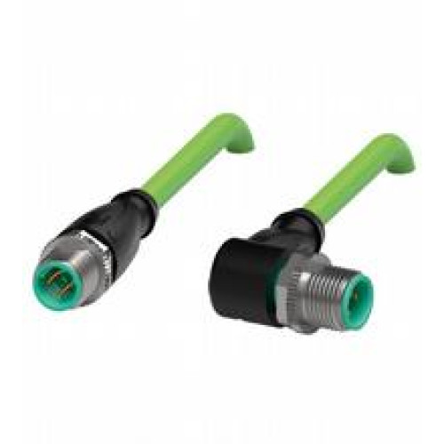 Ethernet bus cable M12 plug straight to M12 plug angled D-coded, 4-pin, PUR cable green, Cat5e, shielded, UL approved