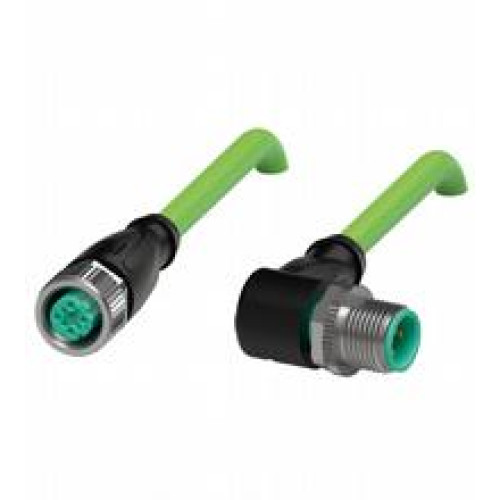Ethernet bus cable M12 socket straight to M12 plug angled D-coded, 4-pin, PUR cable green, Cat5e, shielded, UL approved