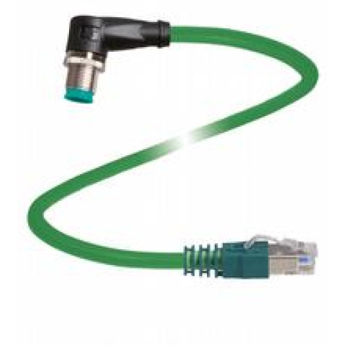 Ethernet bus cable M12 plug angled D-coded to RJ45 Ethernet-coded, 4-pin, PUR cable green, Cat5e, shielded