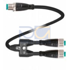 Y connection cable M12 plug straight A-coded 4-pin to 2x M12 socket straight A-coded 4-pin, 3x PUR cable weld spatter resistant black, UL approved, drag chain suitable, torsion resistant