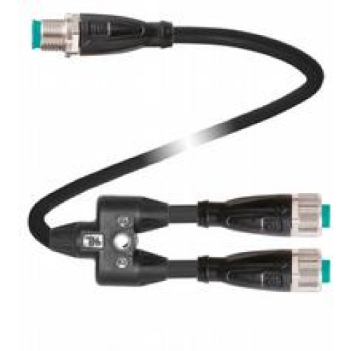 Y connection cable M12 plug straight A-coded 4-pin to 2x M12 socket straight A-coded 4-pin, 3x PUR cable weld spatter resistant black, UL approved, drag chain suitable, torsion resistant