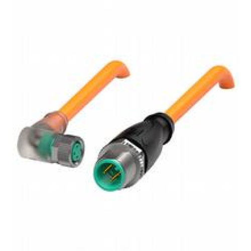 Cordset M8 socket angled to M12 plug straight A-coded, LED 3-pin, PUR cable welding-bead resistant orange, UL approved, drag chain suitable, torsion resistant