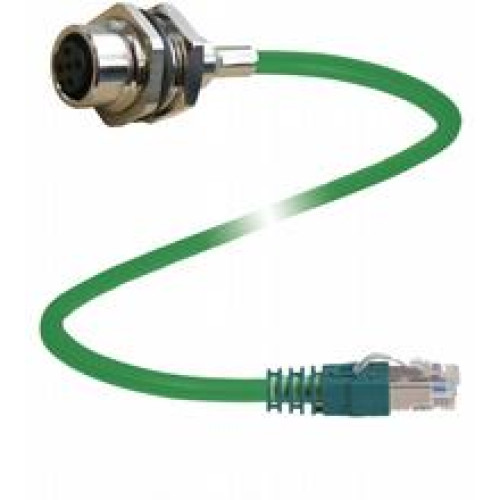 Ethernet bus cable receptacle M12 socket straight D-coded to RJ45 Ethernet-coded, 4-pin, PUR cable green, Cat5e, shielded, drag chain suitable