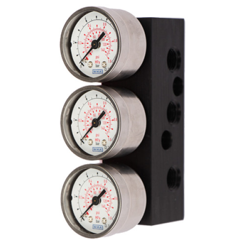 Gauge made of steel, Aluminium block, double-action G1/4, scaled in MPa, bar and psi