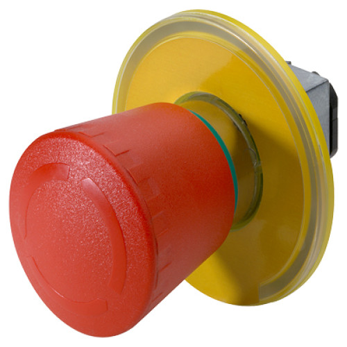 22MM METAL ROUND ACTUATOR: EMERGEN.-STOP MUSHR.PUSHB. 40MM LATCH.W. ROT.-TO-UNLATCH MECH. WITH HOLDE