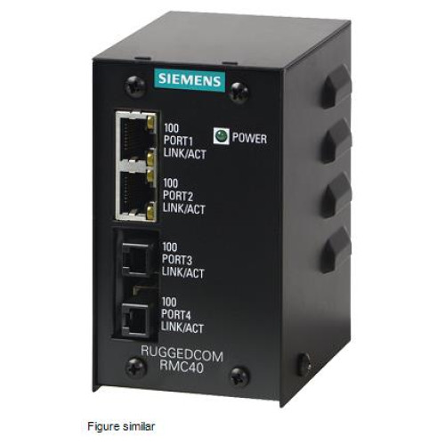 The RUGGEDCOM RMC40 is a 4-port unmanaged Ethernet switch that provides both copper-to-fiber media c