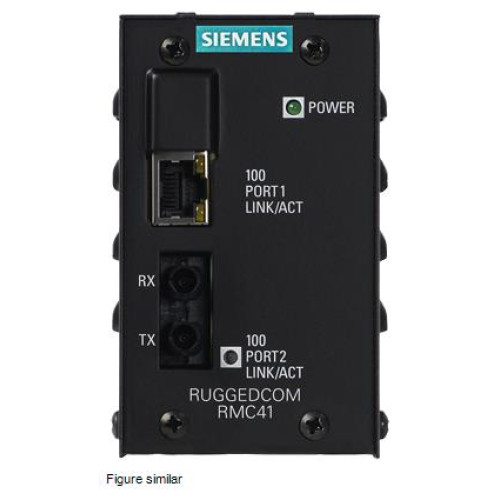 The RUGGEDCOM RMC41 is a 2-port unmanaged Ethernet switch that provides both copper-to-fiber media c
